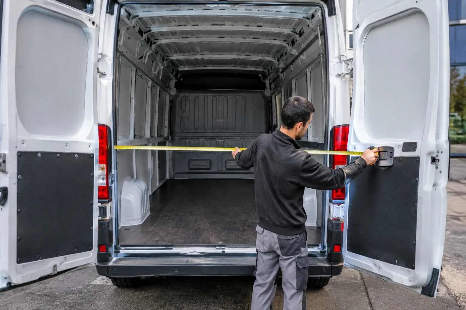 Peugeot Boxer L4H2 vista desde la parte trasera con las puertas de carga abiertas, mostrando un compartimento largo y alto y una persona midiendo la abertura con una cinta métrica antes de introducir muebles.